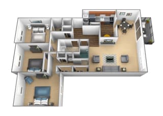 3 bedroom 2 bathroom floor plan at Charlesgate Apartments