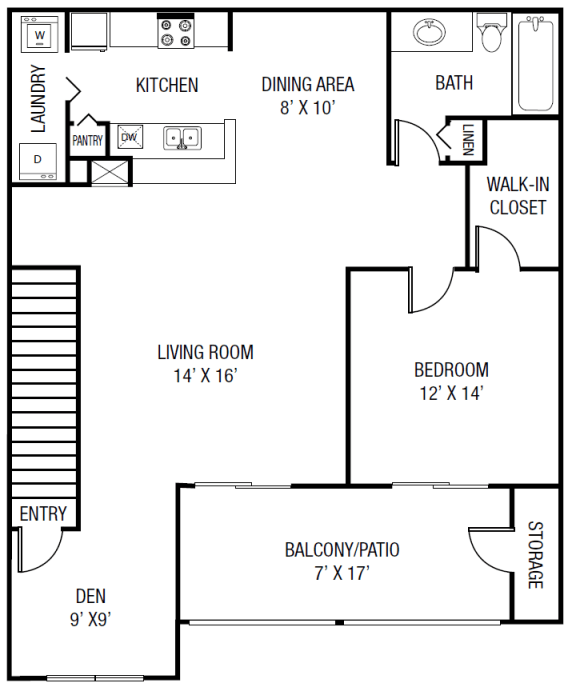The Perdido Floor plan - 1 Bedroom 1 Bath + Den 1,077 Sq. Ft.