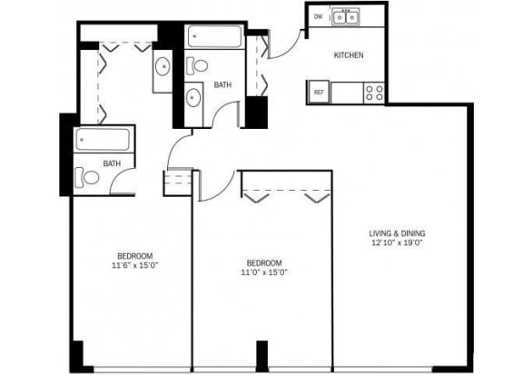 Kellogg Square Highland Floor Plan Kellogg Square Apartments in St. Paul, MN 2 Bedroom 2 Bath Apartment