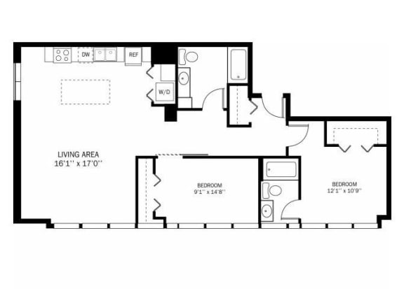 Kellogg Square Sublime Floor Plan Kellogg Square Apartments in St. Paul, MN 2 Bedroom 2 Bath Apartment