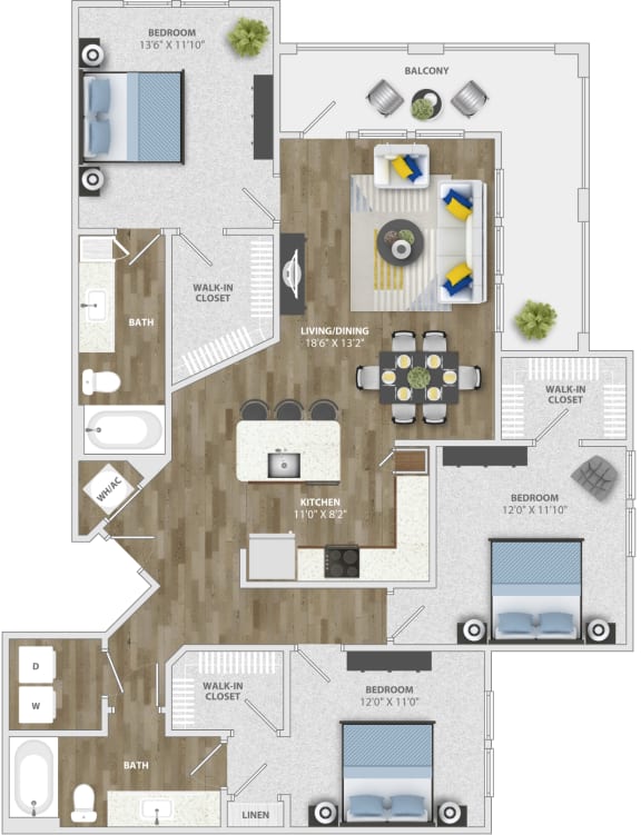 3 Bedroom (c1) Floor Plan 3 Bedroom (c1) Floor Plan at Monterosso Apartments, Kissimmee, 34741