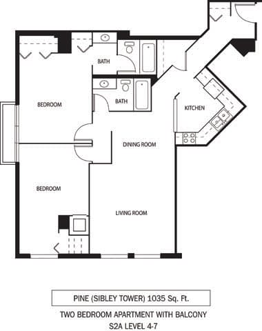 Galtier Towers Pine Floor Plan Galtier Towers Apartments in Lowertown, St. Paul, MN 2 Bedroom 2 Bath Apartment