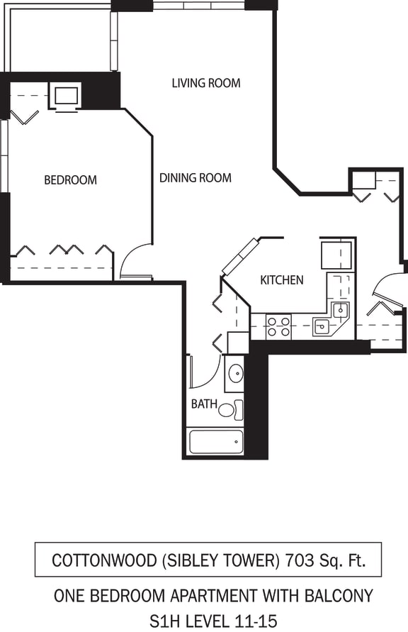 Galtier Towers Cottonwood Floor Plan Galtier Towers Apartments in Lowertown, St. Paul, MN 1 Bedroom 1 Bath Apartment Cottonwood Floor Plan