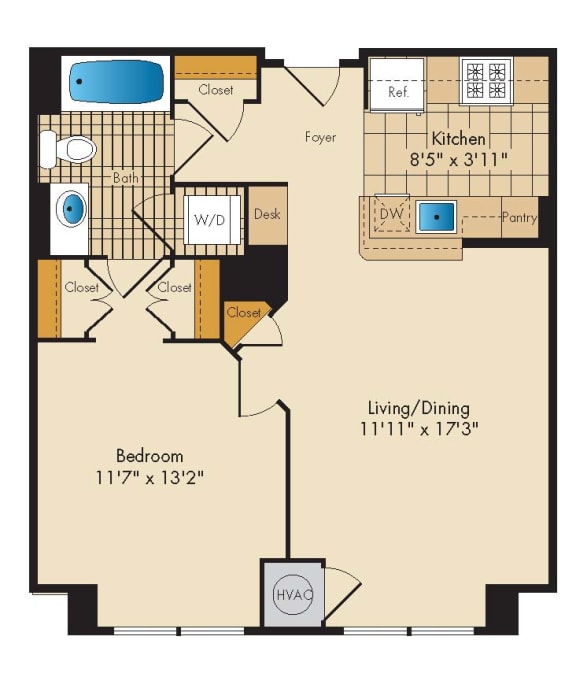 1 Bedroom 1B Floor Plan 1 Bedroom 1B Floor Plan at Highland Park at Columbia Heights Metro, Washington, DC
