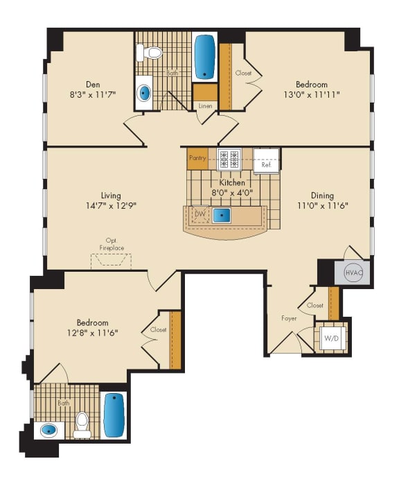 2 Bedroom with Den 2D Floor Plan 2 Bedroom with Den 2D Floor Plan at Highland Park at Columbia Heights Metro, Washington, DC, 20010