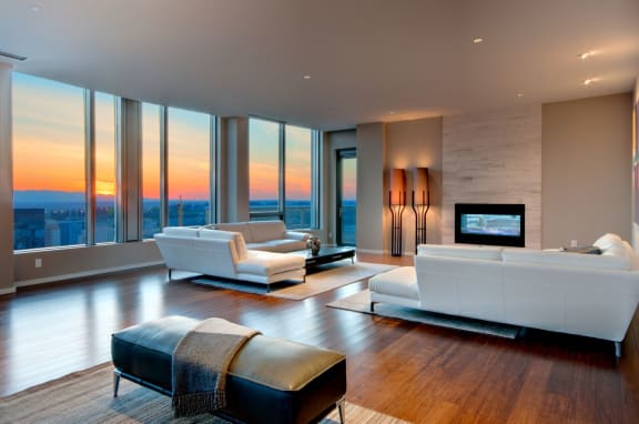Floor to Ceiling Windows Spacious Living Room at The Bravern in Bellevue, WA