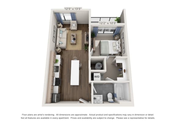 1B 3D Floor Plan one bedroom floor plan layout for apartments in denver