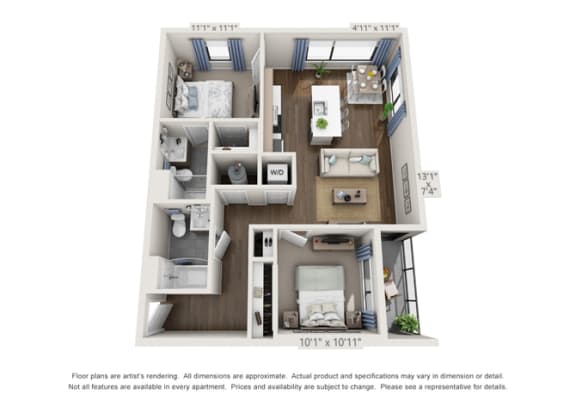 2A 3D Floor Plan apartment layout for rent in denver