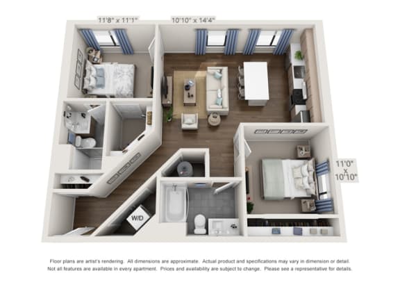 2B 3D Floor Plan corner unit of apartment building near denver