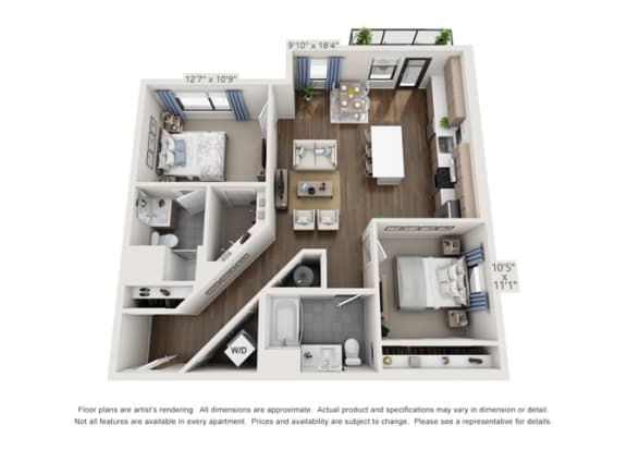 2D 3D Floor Plan corner unit of luxury apartment units in denver colorado