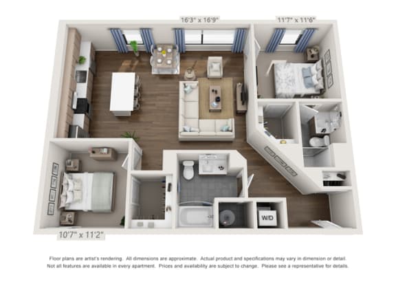 2F 3D Floor Plan two bedroom apartment unit floor plan in denver