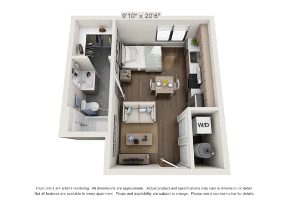 A Floor Plan 3D Floor Plan studio apartment unit at luxury apartment building in denver
