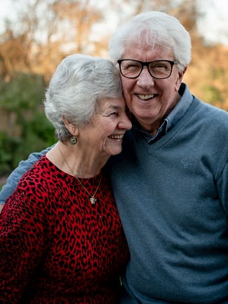 Old Couple Hugging at Rancho Franciscan Senior Apartments, Santa Barbara, CA, 93105