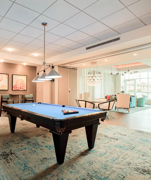 Lounge with billiards table at Waterside Place by Windsor, 505 Congress St, Boston