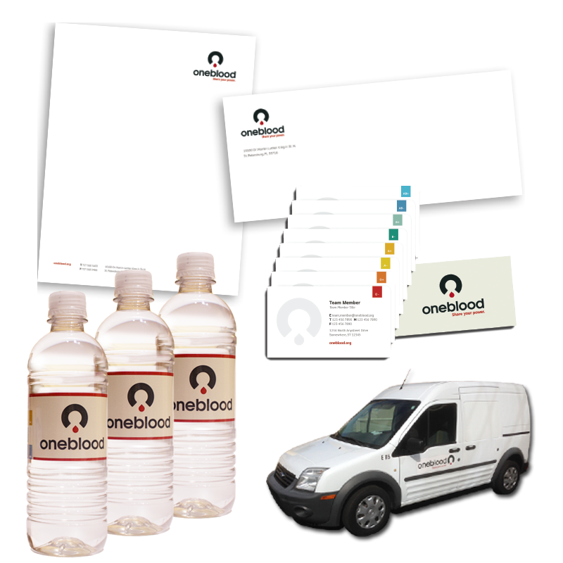 image of oneblood stationery, water bottles and a courier vehicle image of oneblood stationery, water bottles and a courier vehicle
