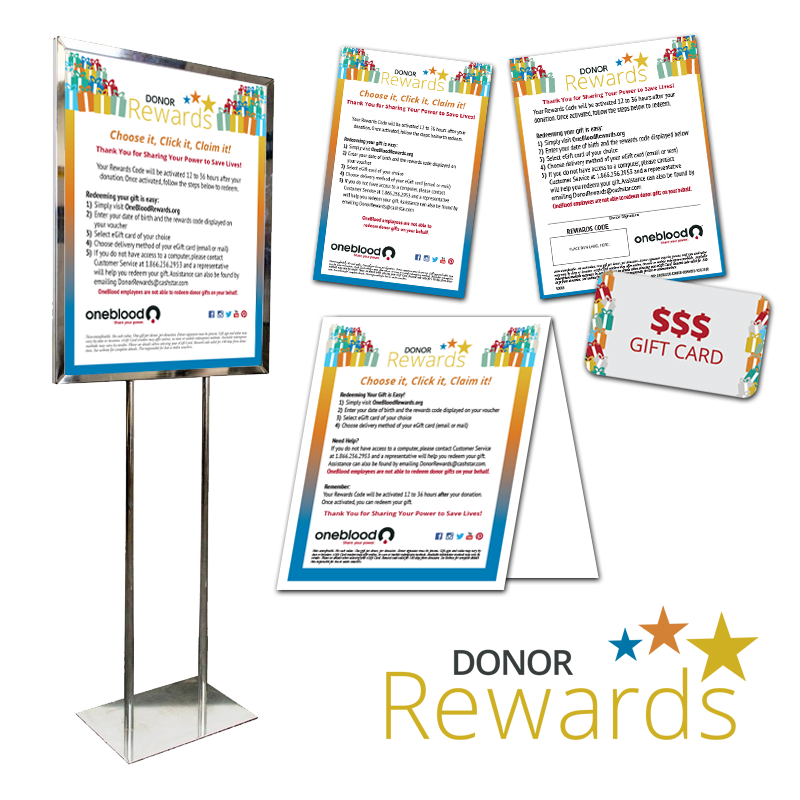 image of OneBlood\'s donor rewards program logo and collateral design image of OneBlood\'s donor rewards program logo and collateral design