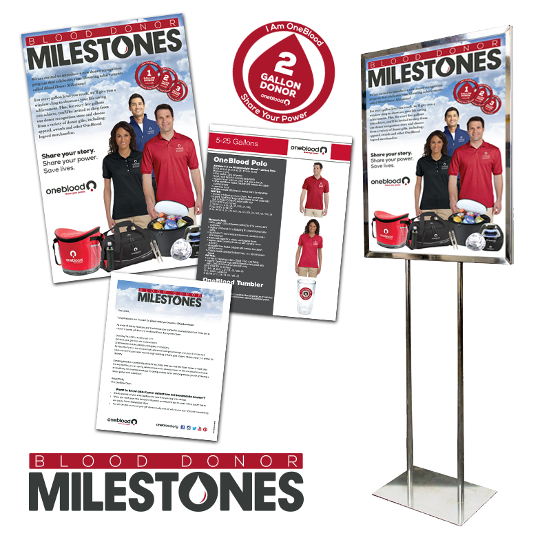 image of OneBlood\'s \"Blood Donor Milestones\" rewards program logo and collateral design image of OneBlood\'s \"Blood Donor Milestones\" rewards program logo and collateral design