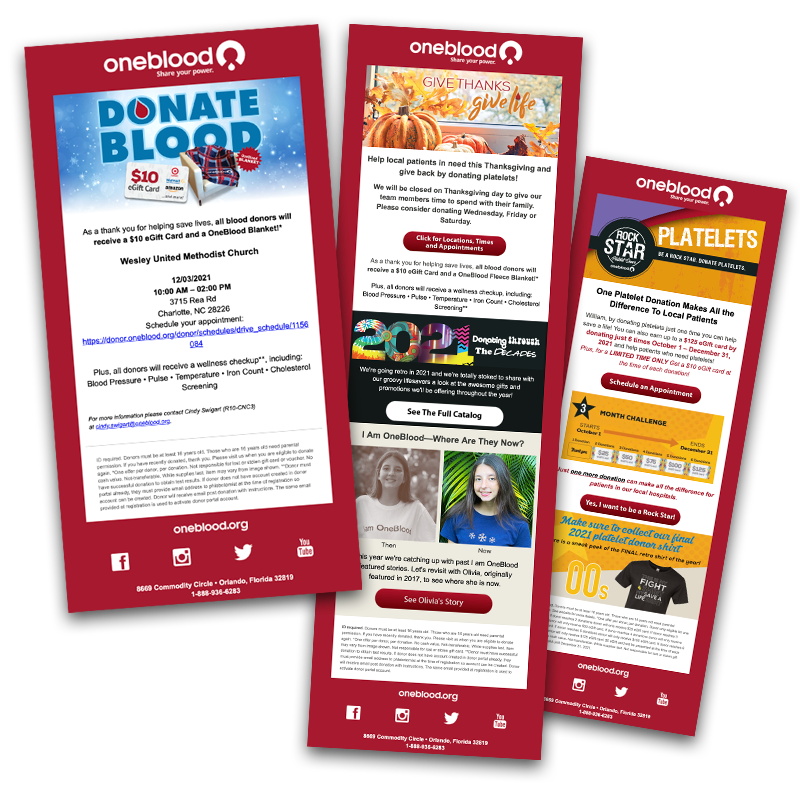 image of samples of OneBlood brand email design image of samples of OneBlood brand email design