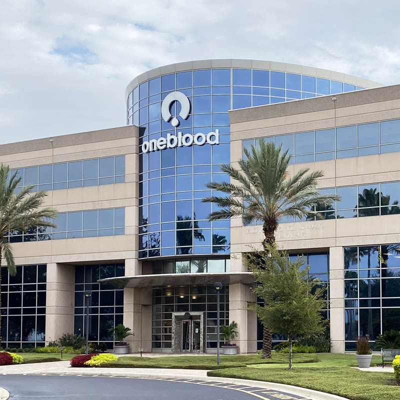 OneBlood headquarters building showing the large sign, one of more than 90 locations to accommodate building signage for OneBlood headquarters building showing the large sign, one of more than 90 locations to accommodate building signage for