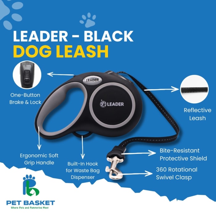 Leader - Black Retractable Dog Leash - L (5M Leash, One-Button Lock & Brake for Medium Dogs up to 50kg) view 3