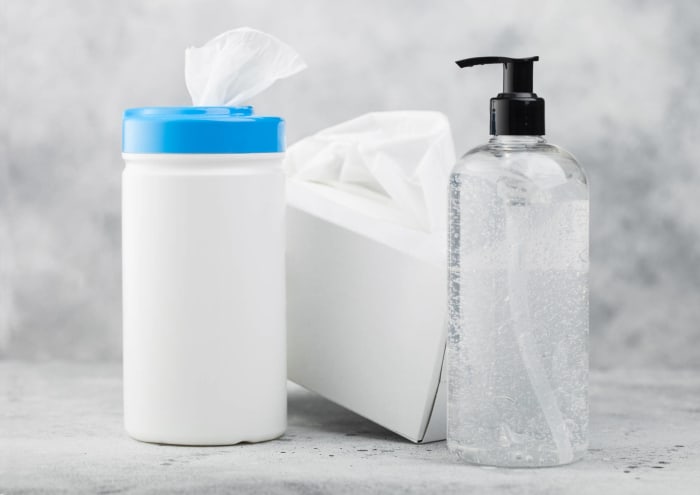 Antibacterial wipes and hand sanitizer