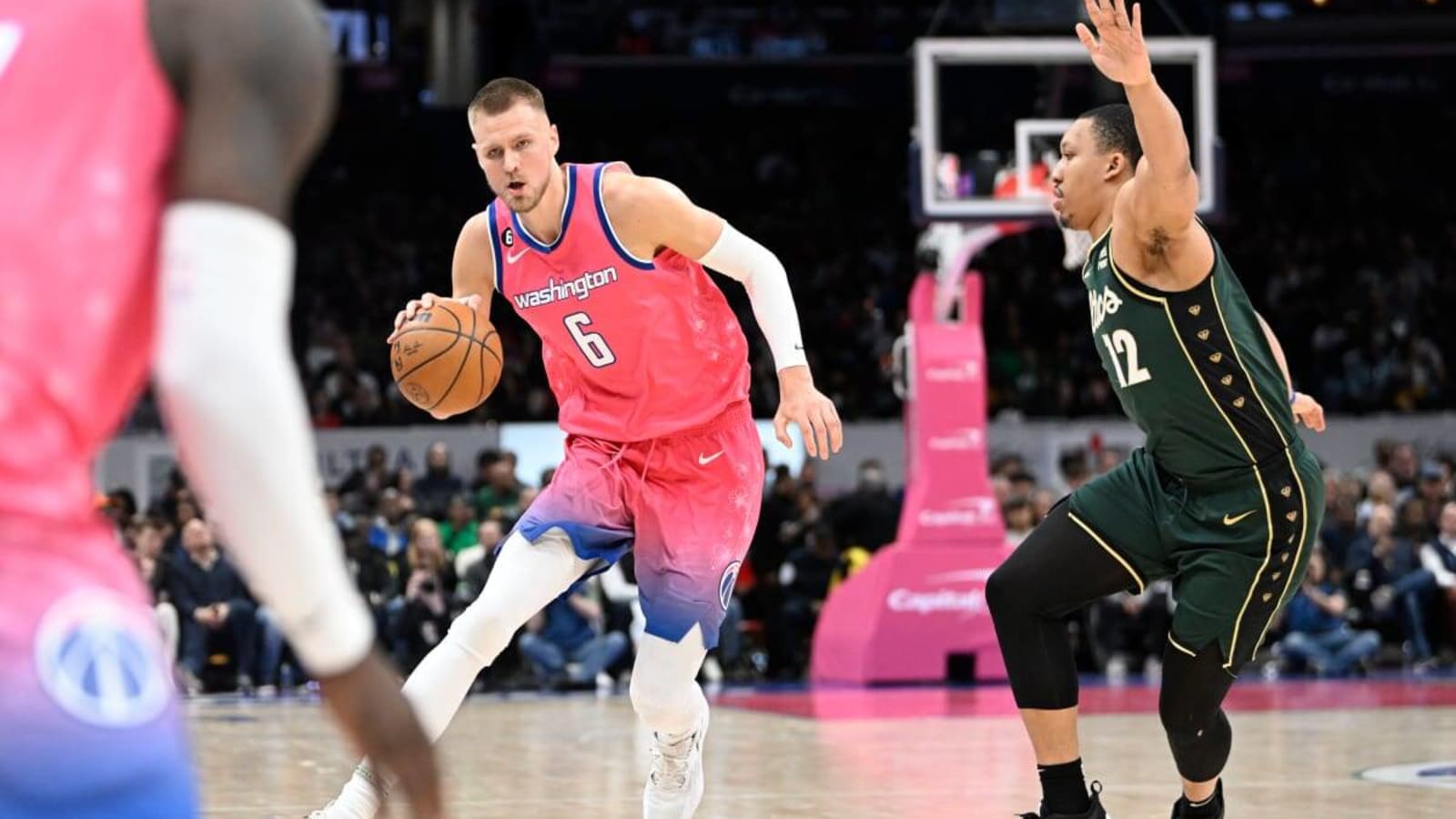 NBA News: Massive Three Team Trade "Falls Apart" Last Minute 2 Mar 28, 2023; Washington, District of Columbia, USA; Washington Wizards center Kristaps Porzingis (6) dribbles past Boston Celtics forward Grant Williams (12) during the second half at Capital One Arena. Mandatory Credit: Brad Mills-USA TODAY Sports (NBA News)