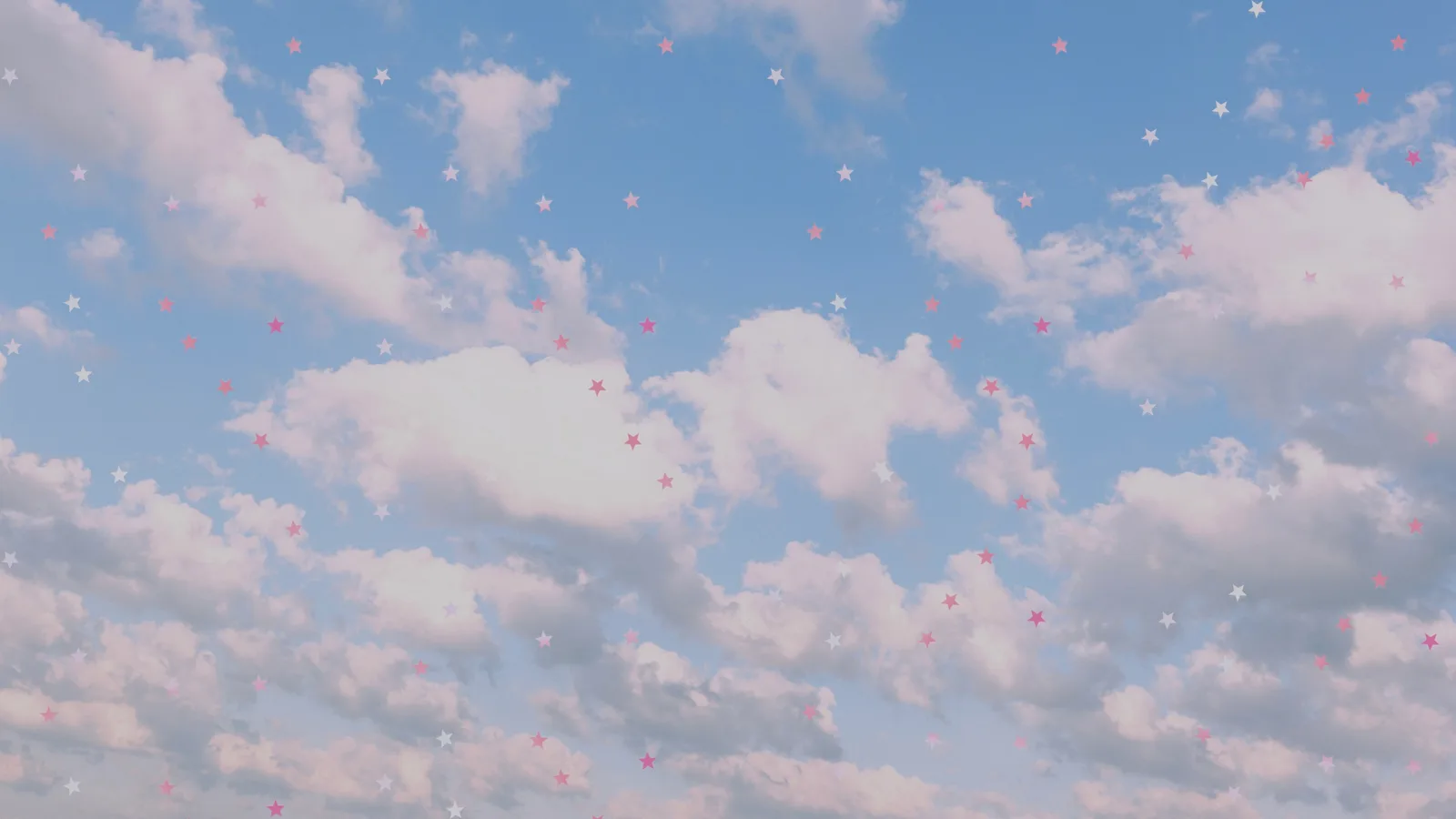 Pastel blue sky with soft pink clouds and scattered pink and white stars