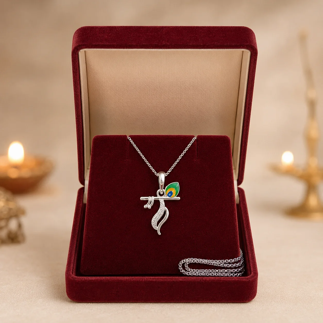 Krishna Bansuri Peacock Feather Silver Pendant