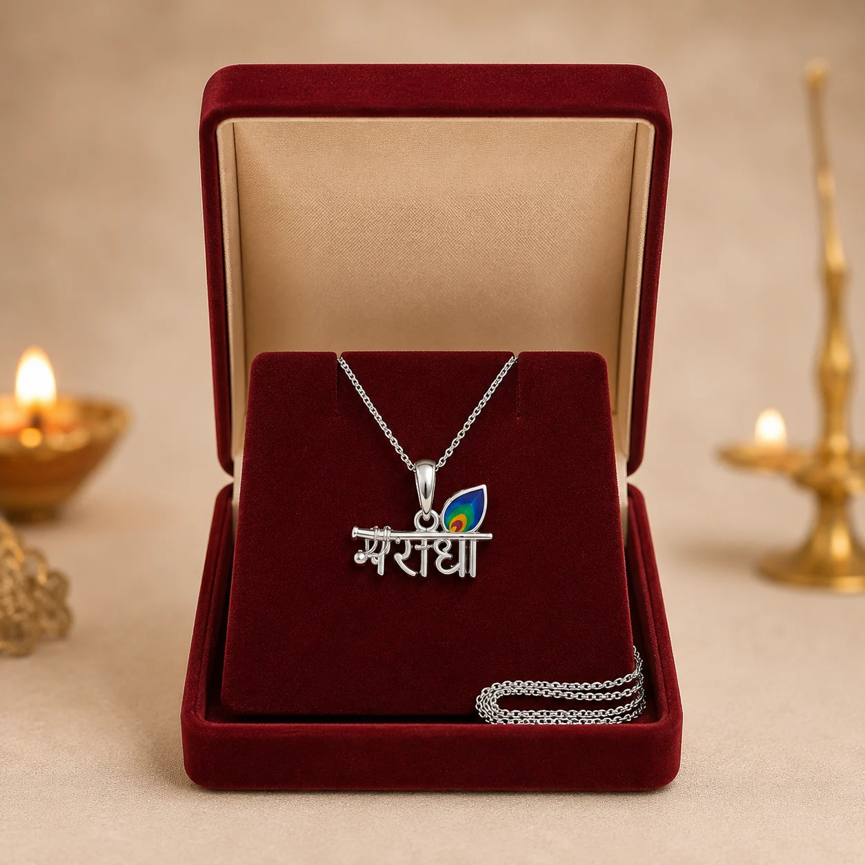 Radha Name Peacock Feather Silver Pendant