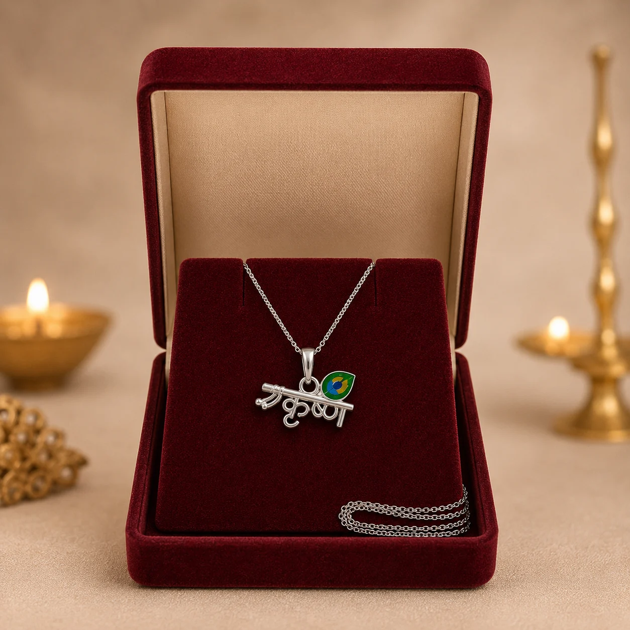 Krishna Name Peacock Feather Silver Pendant