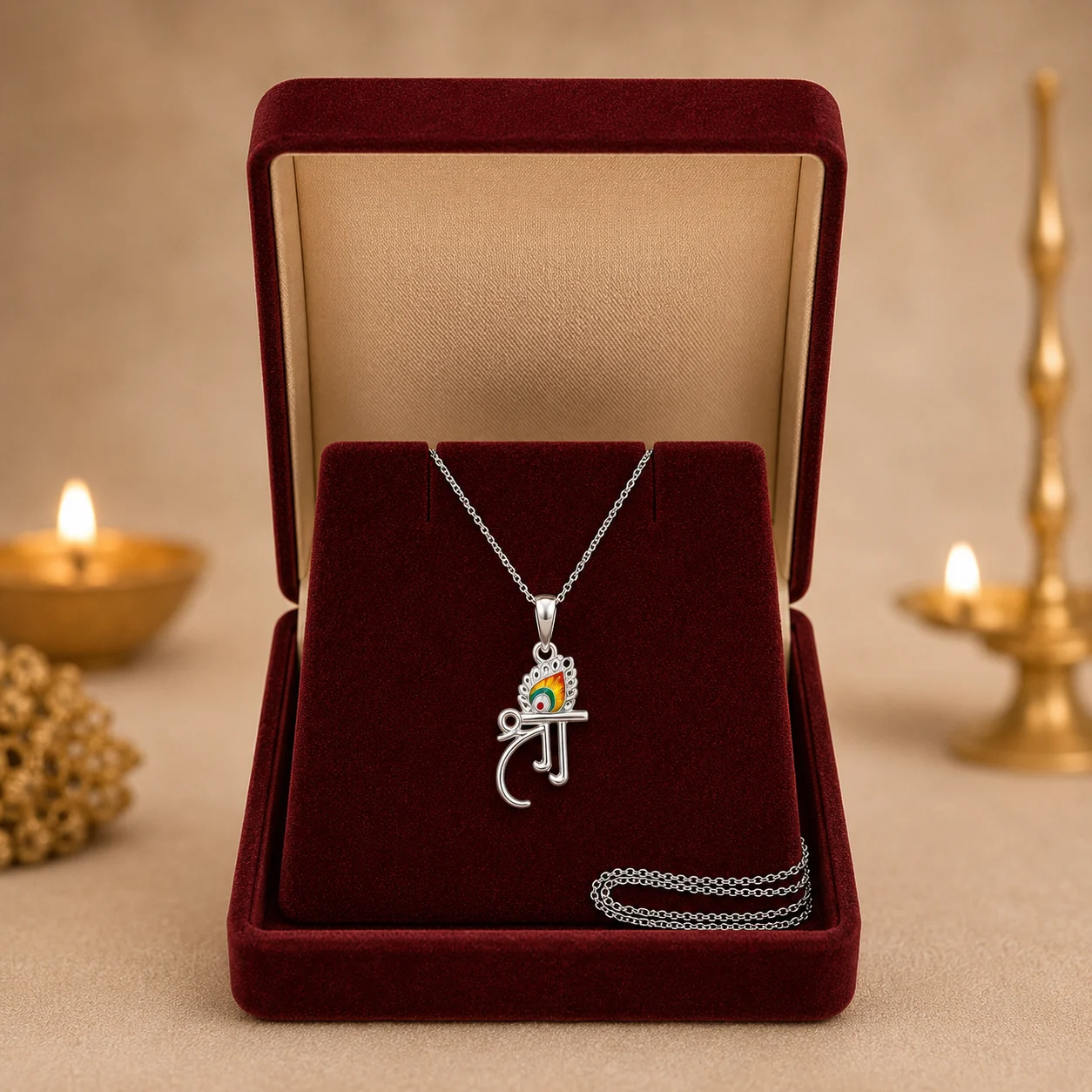 Om Peacock Feather Silver Pendant