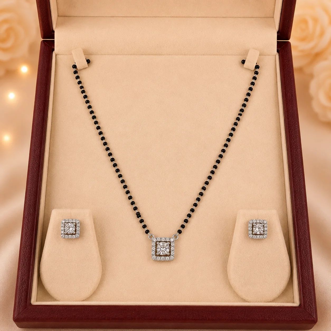 Square Halo Mangalsutra & Earrings Set