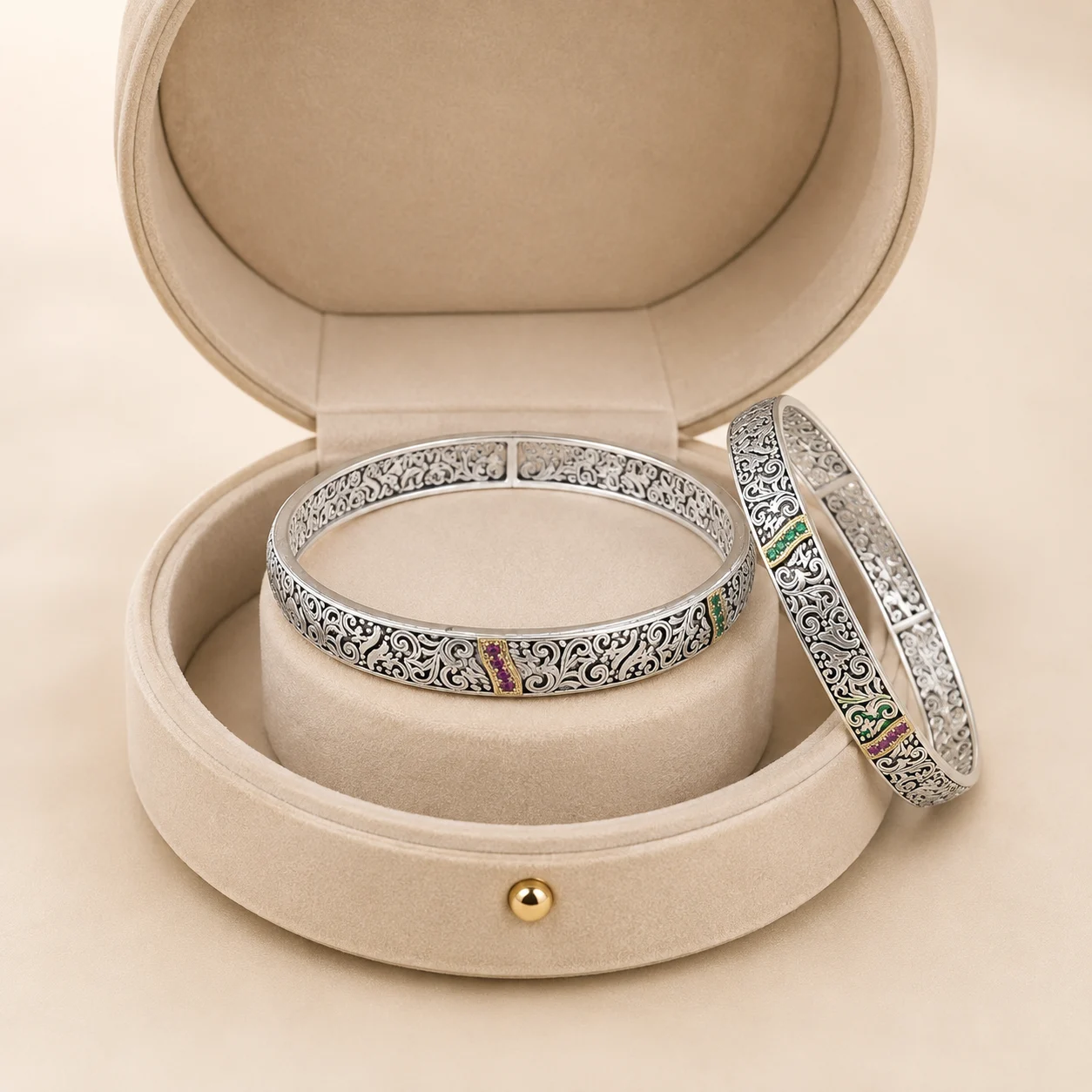Oxidised Carved Silver Bangle Pair