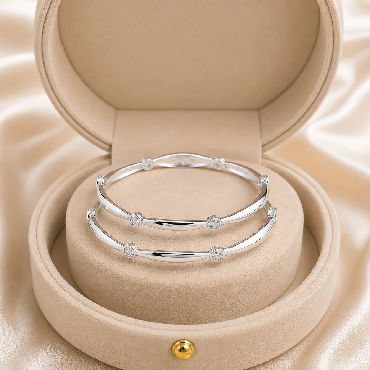 Dainty Bezel Silver Bangle Pair