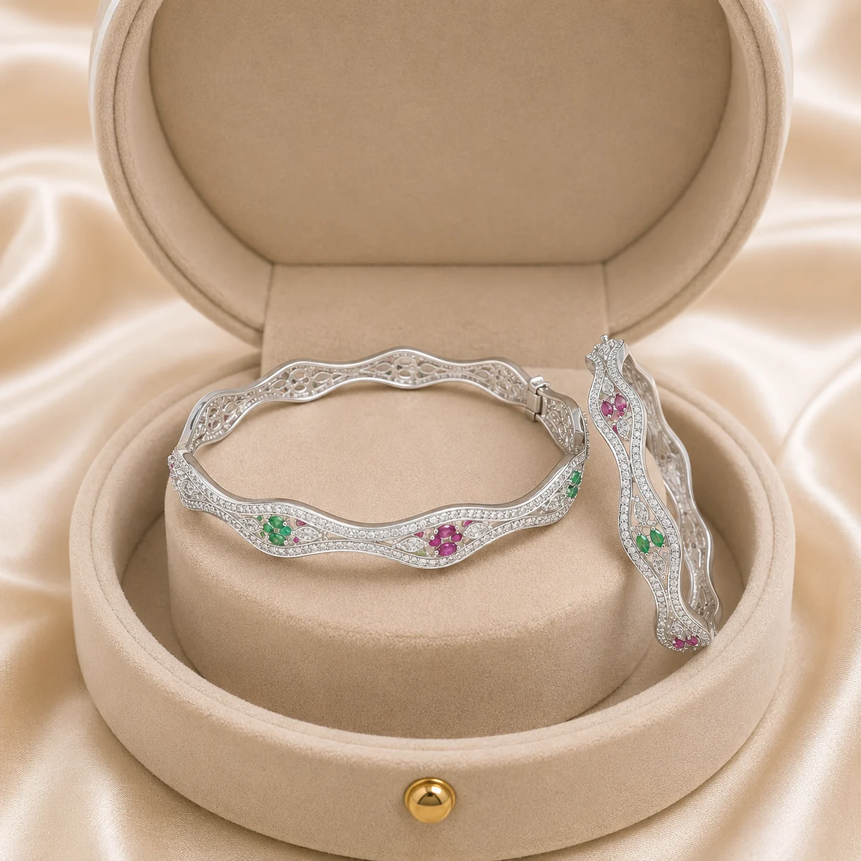 Ornate Gemstone Wave Bangle Pair