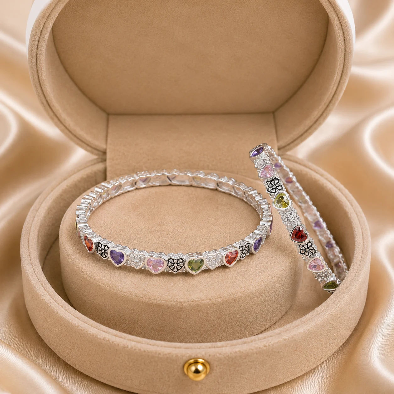 Heart-Cut Multicolour Stone Bangle Pair