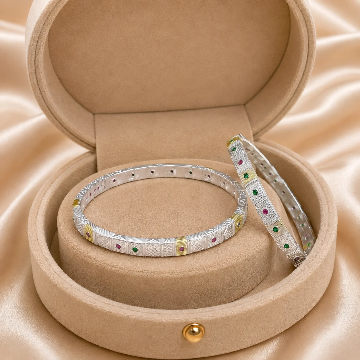 Two-Tone Textured Silver Bangle Pair
