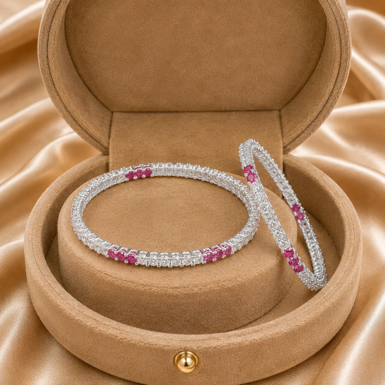 Ruby Accent Pave Silver Bangle Pair
