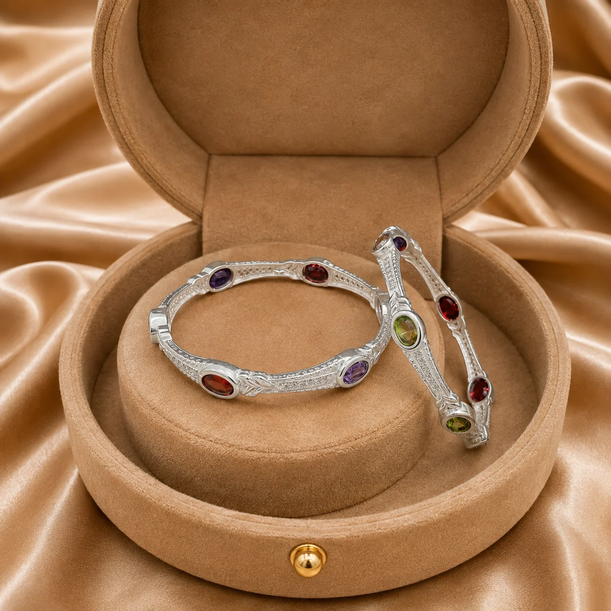 Leaf Pave Silver Bangle Pair