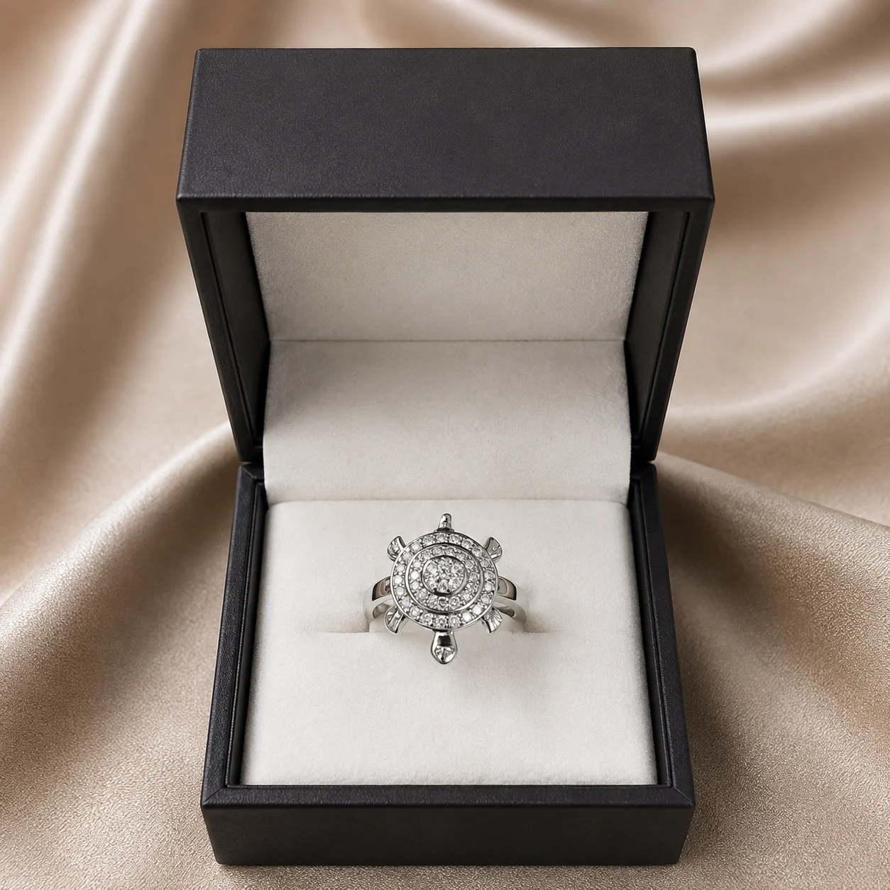 Round Turtle Disc Pave Silver Ring