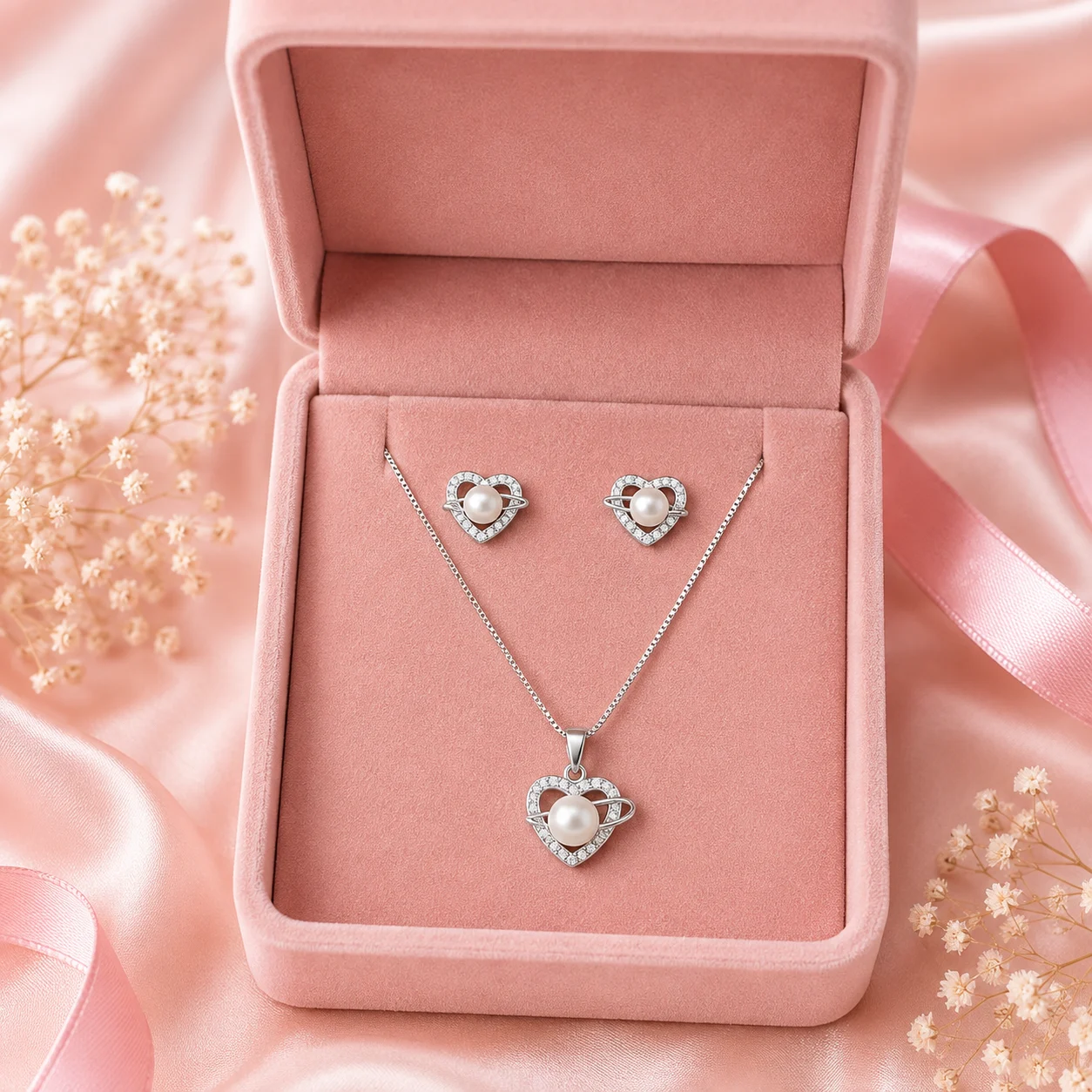 Pearl Heart Pendant & Earring Set