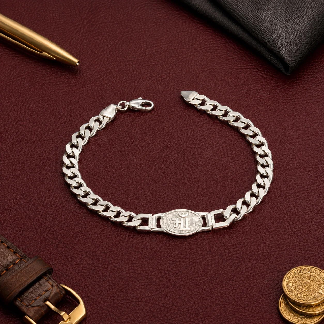 Engraved Medallion Curb Chain Bracelet
