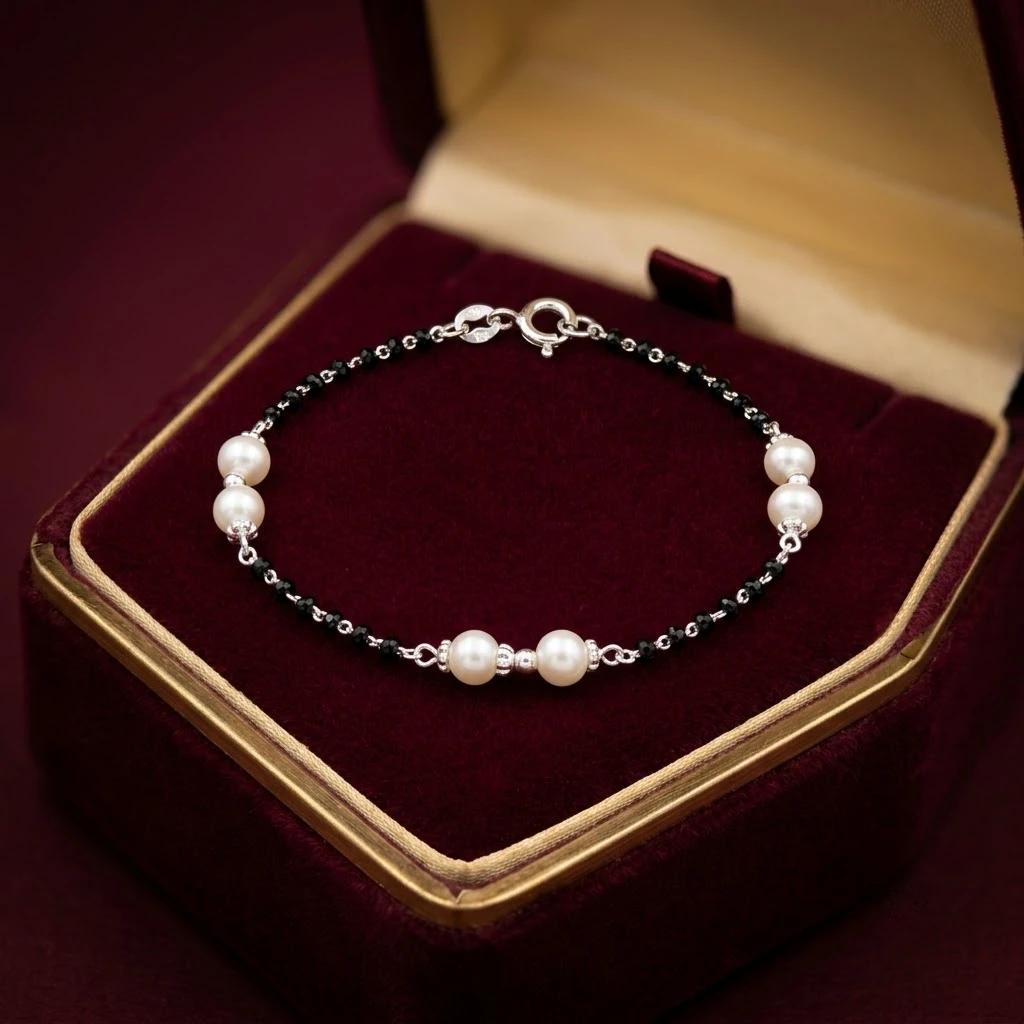 Silver Black Spinel Pearl Bracelet