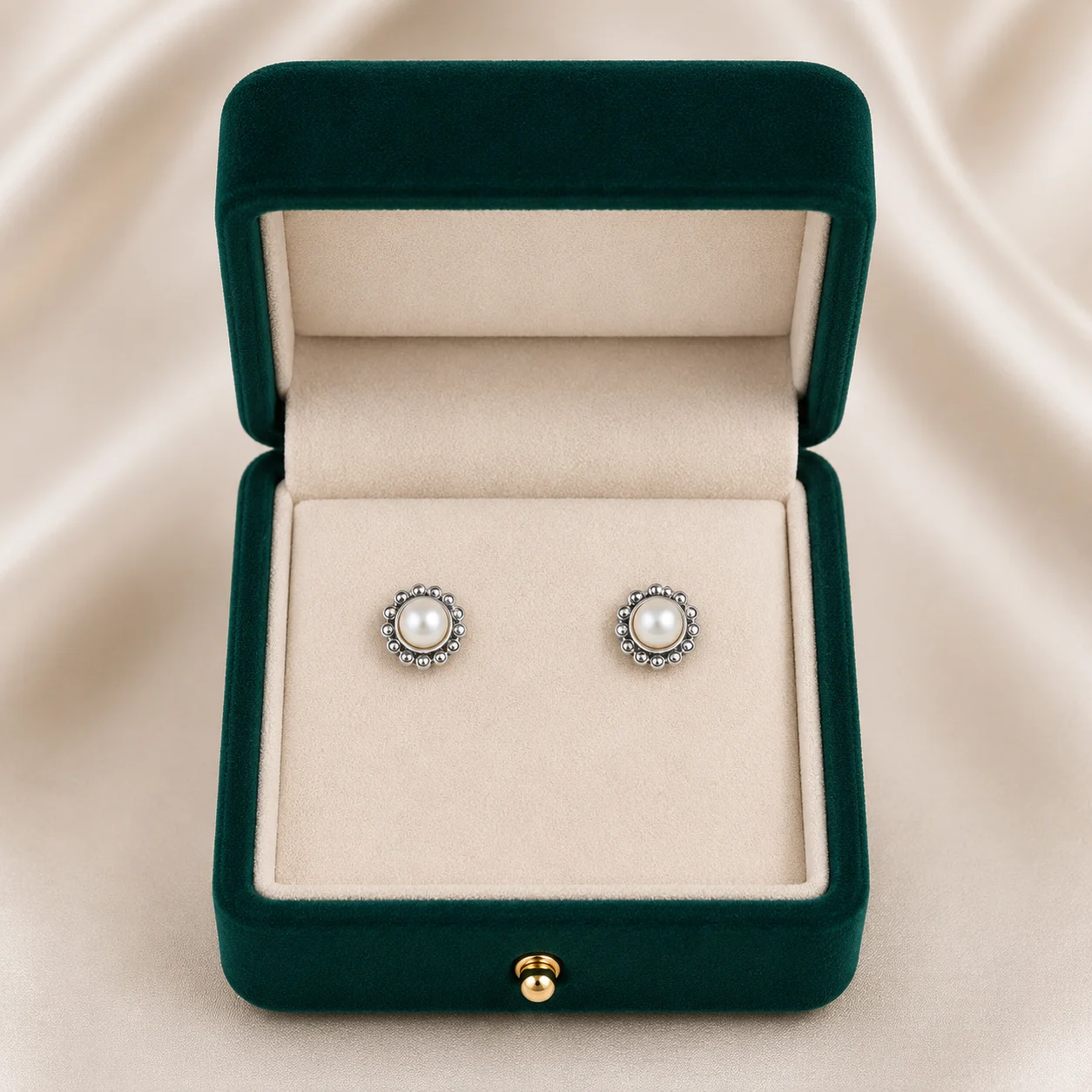 Silver Pearl Flower Stud Earrings