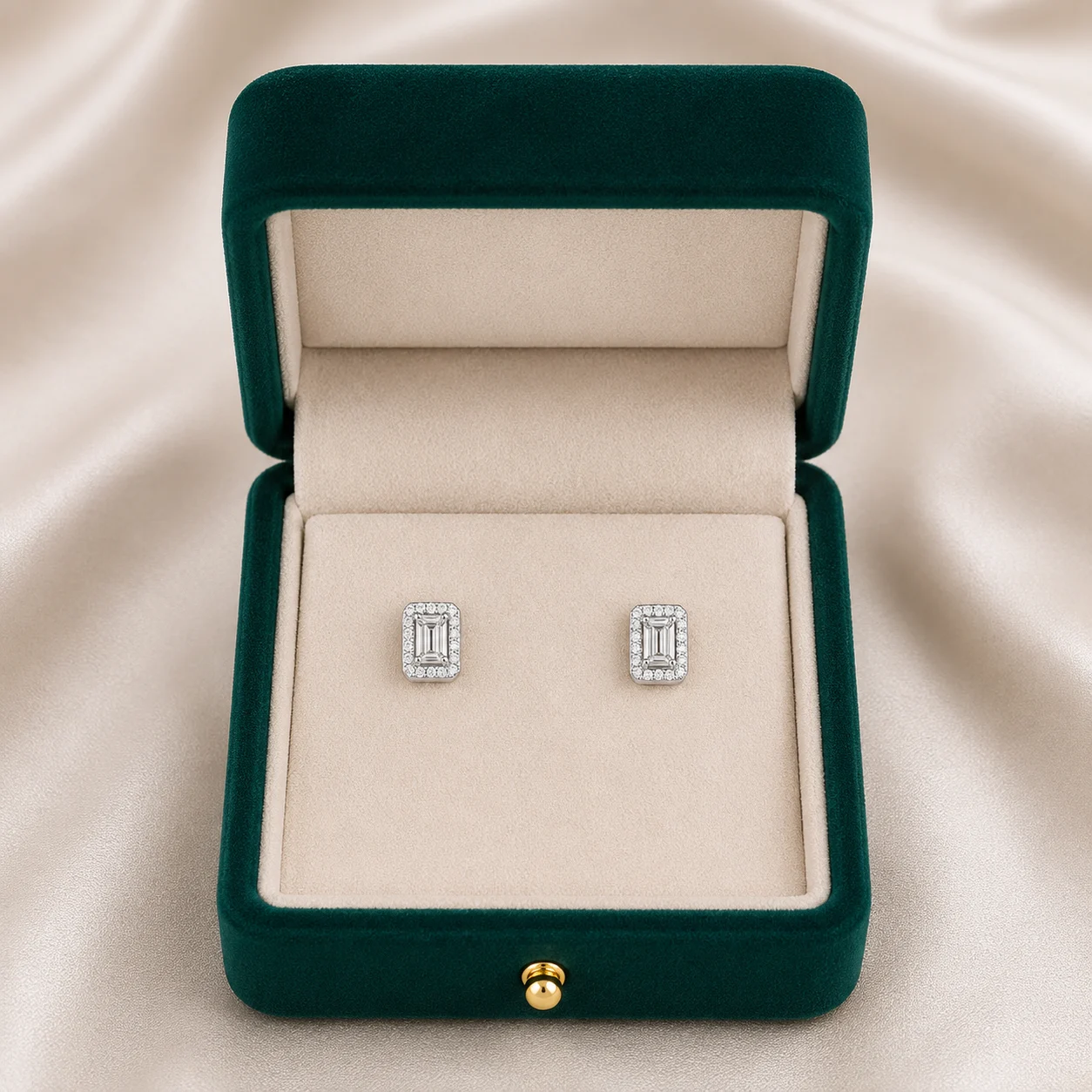 Silver Emerald-Cut Halo Stud Earrings