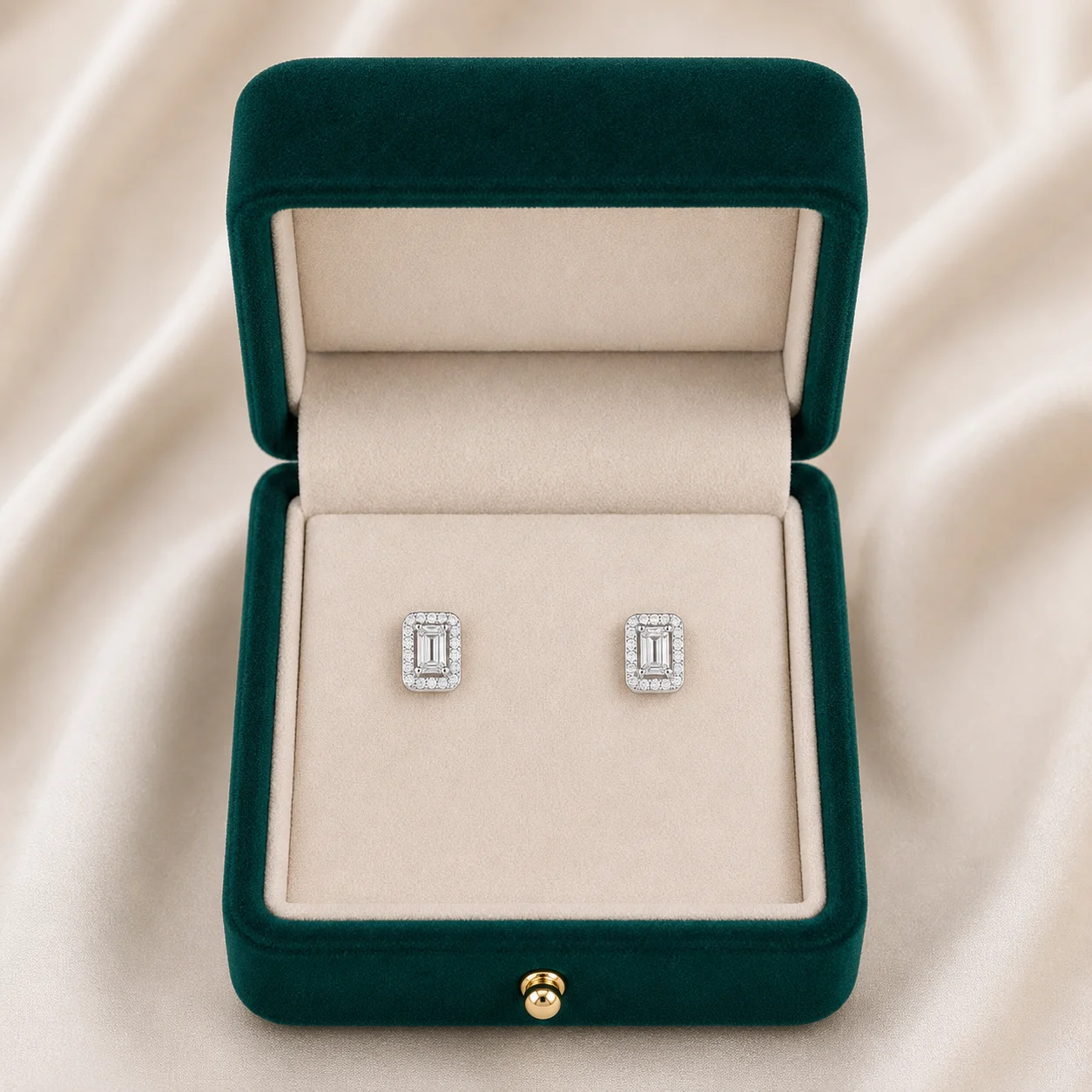 Silver Radiant-Cut Halo Stud Earrings
