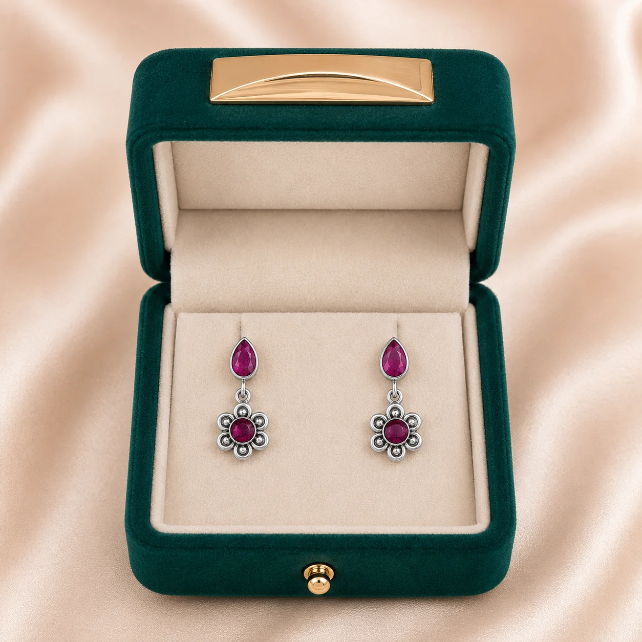 Silver Ruby Floral Drop Earrings
