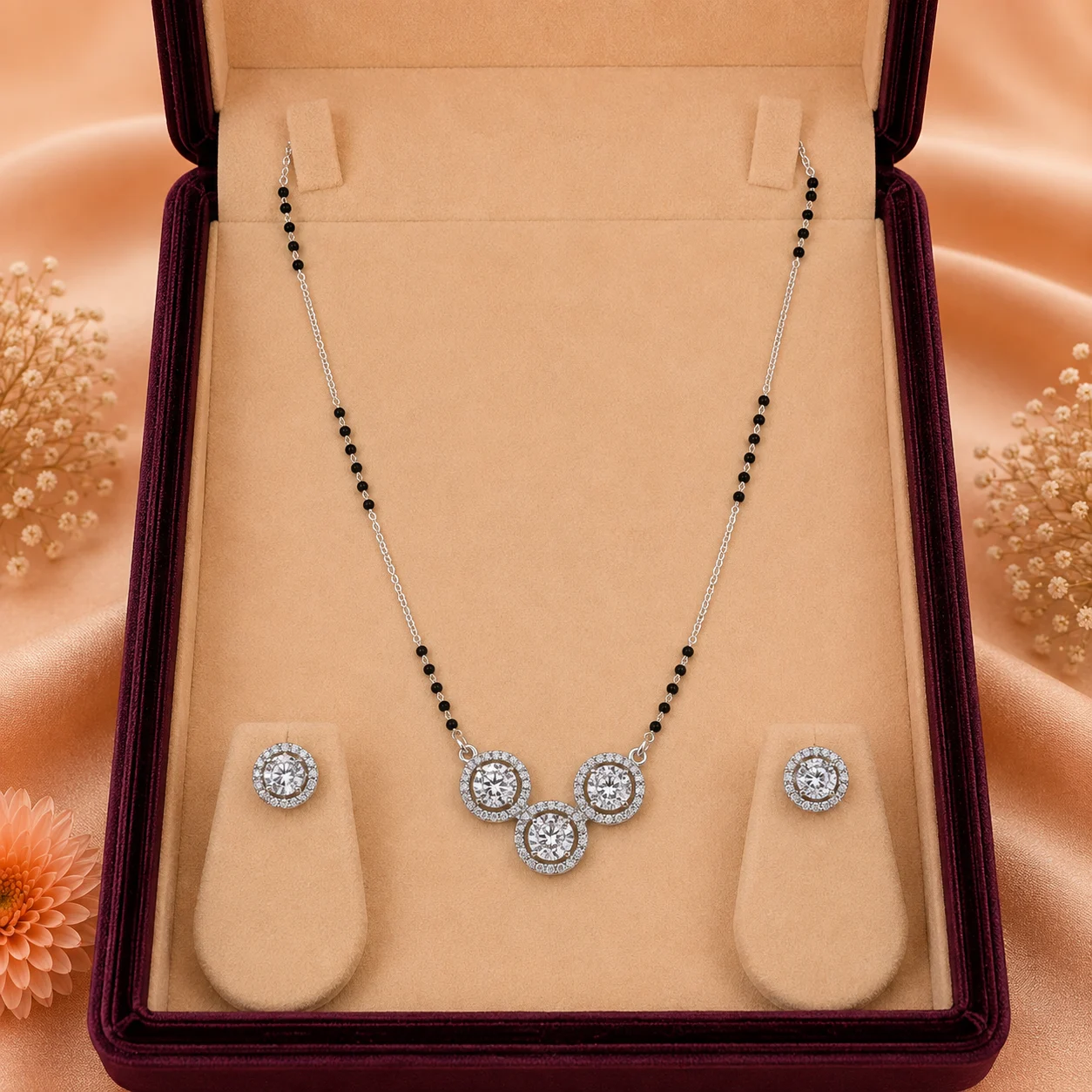 Triple Round Halo Mangalsutra & Earrings Set
