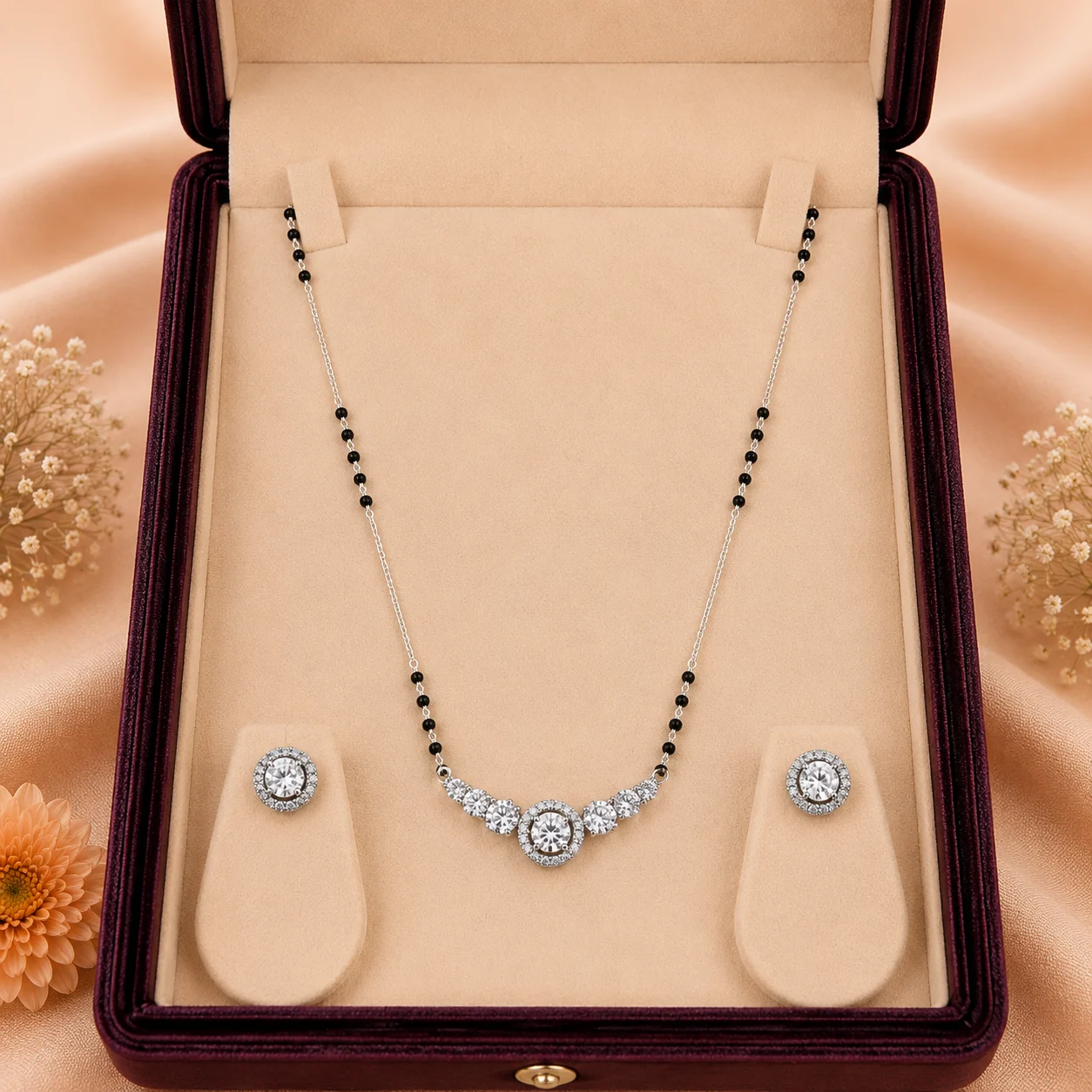 Graduated Round Cluster Mangalsutra & Earrings Set