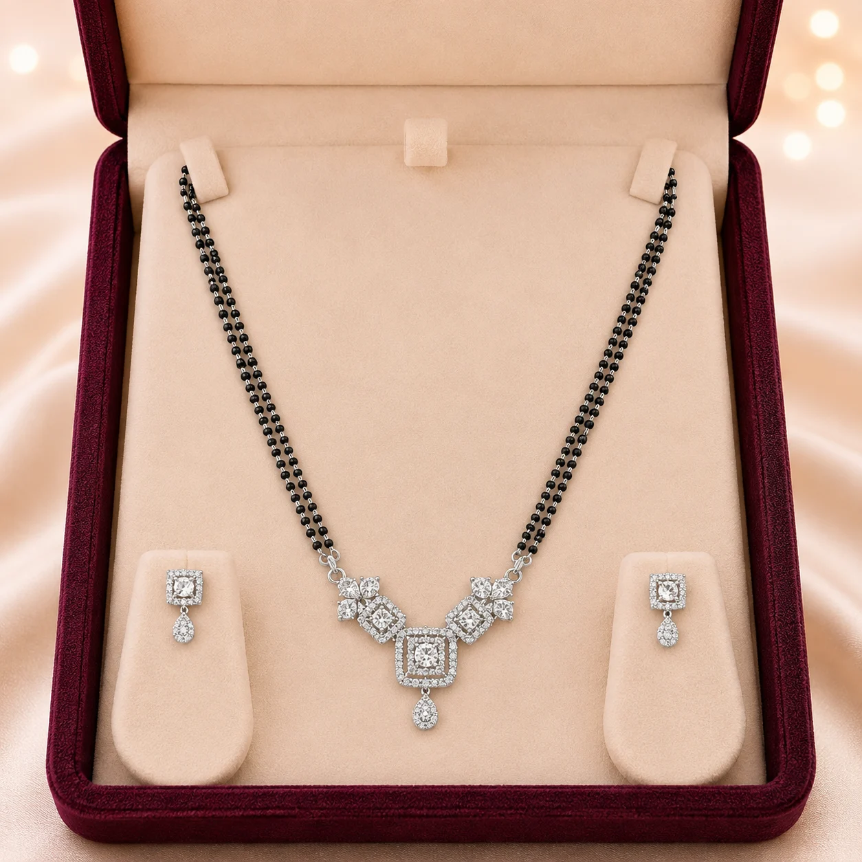 Square Cluster Drop Mangalsutra & Earrings Set